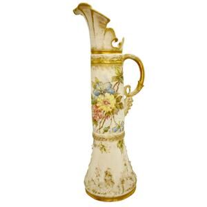 Antique Turn-Teplitz Bohemia Amphora-Style Ewer Pitcher Ornate Floral Gold Gilt